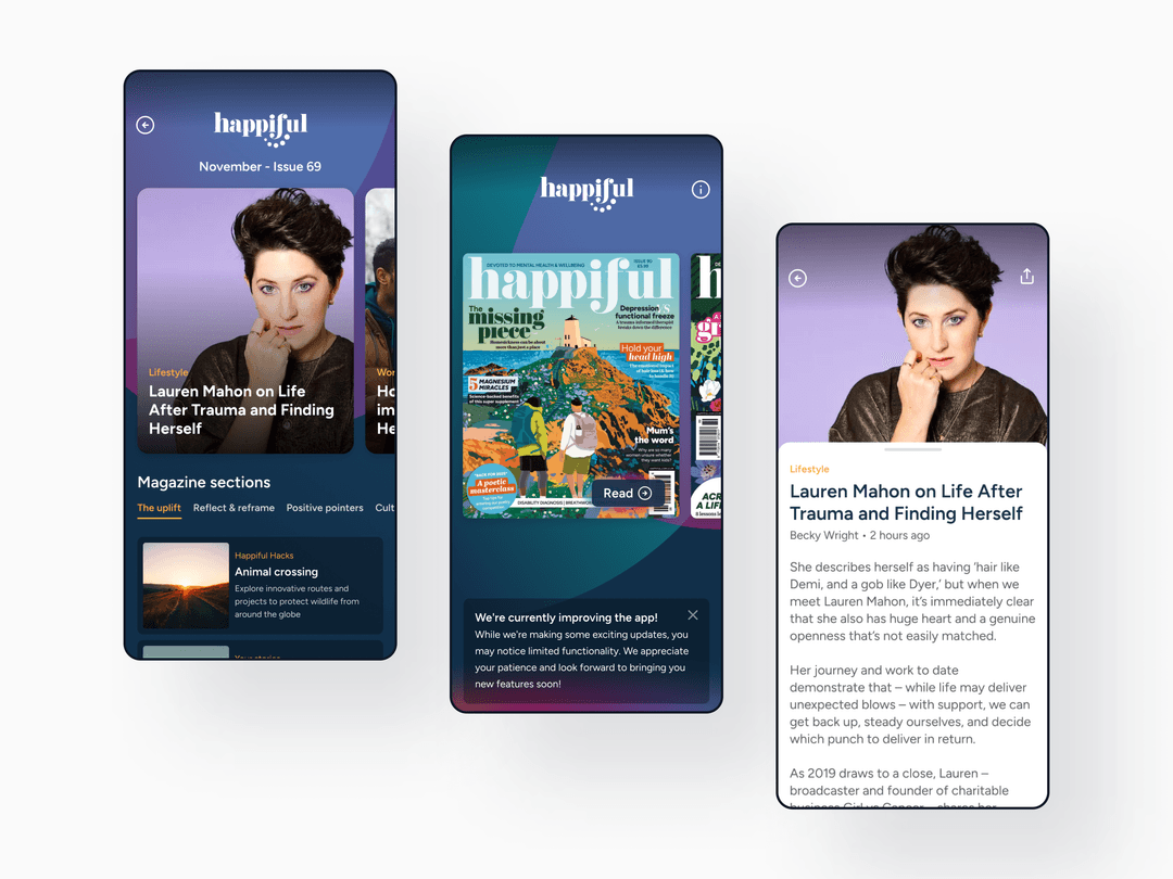 Three mockups of the happiful app screens